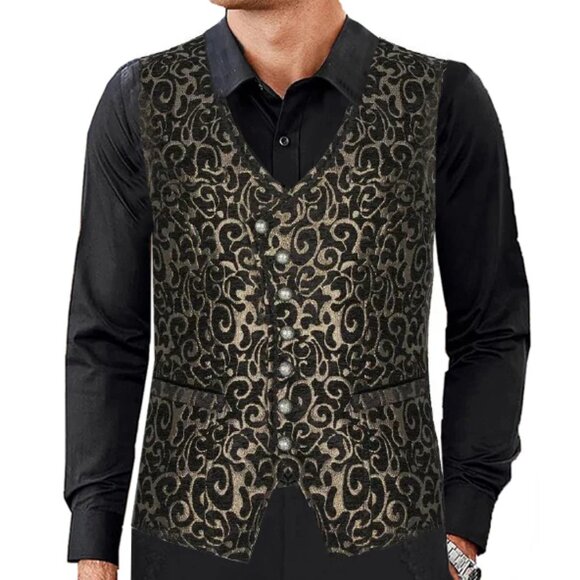 Men's Gothic Waistcoat Vest Gold Paisley Velvet Steampunk Regency Victorian Suit - Picture 3 of 5